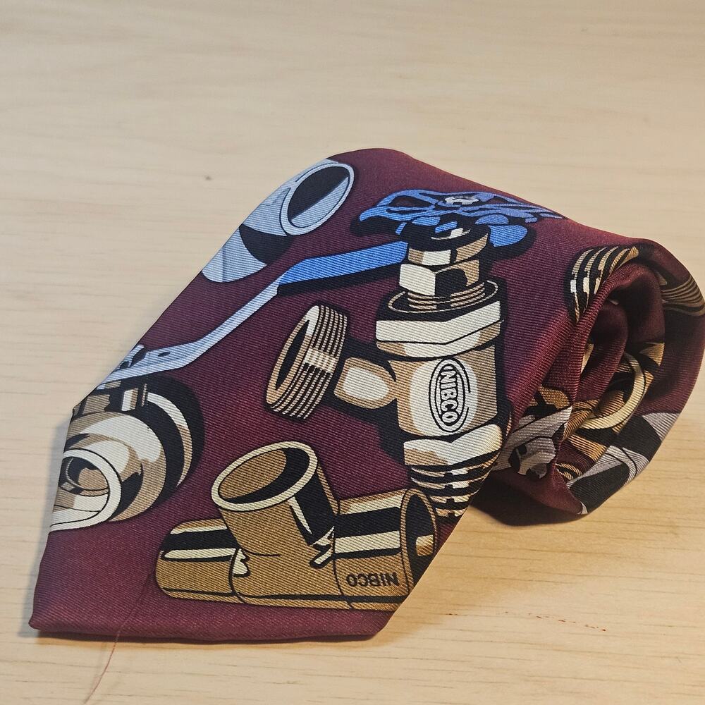 Vintage NIBCO Plumbing Valves Pipe Fittings Novelty Maroon Men's Necktie